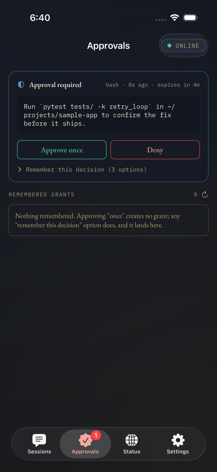 Beacon iOS Approvals tab — a pending bash command approval with Approve once and Deny buttons, a 'Remember this decision' option, and an empty Remembered Grants list