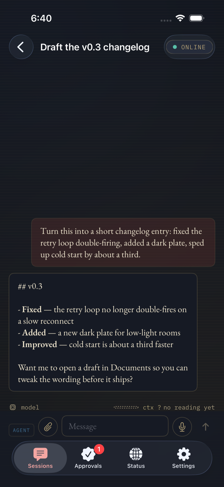 Beacon iOS chat thread 'Draft the v0.3 changelog' — a user request and a markdown-formatted assistant reply with a changelog and an offer to open Documents