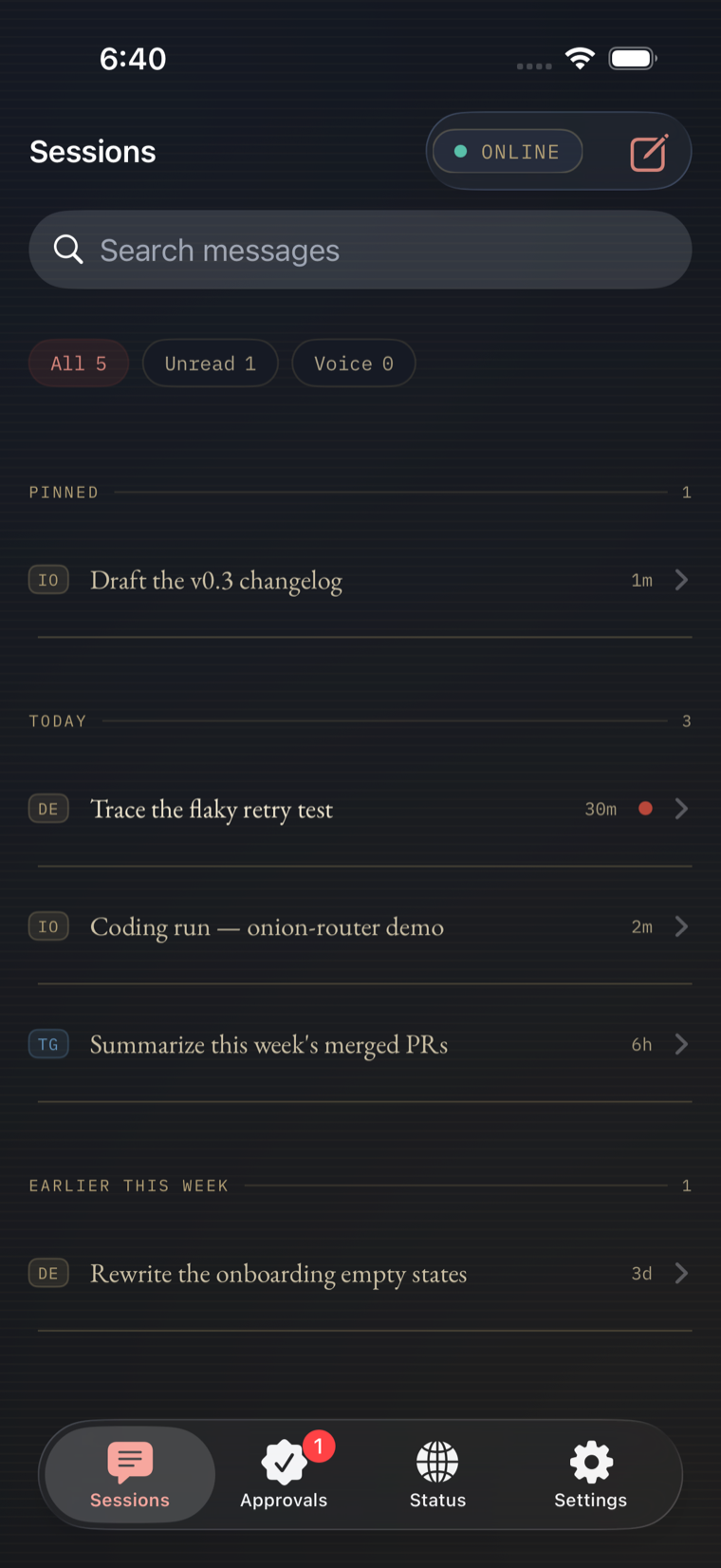 Beacon iOS Sessions tab — search bar, All/Unread/Voice filters, sessions grouped into Pinned, Today, and Earlier This Week with two-letter source badges
