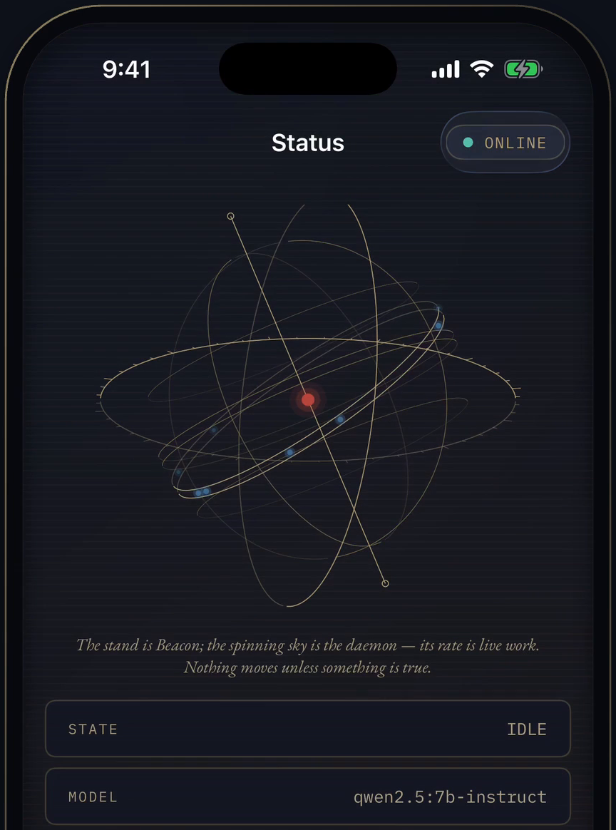 Beacon iOS on its Status screen: the same Armilla, a green ONLINE chip, the daemon idle.