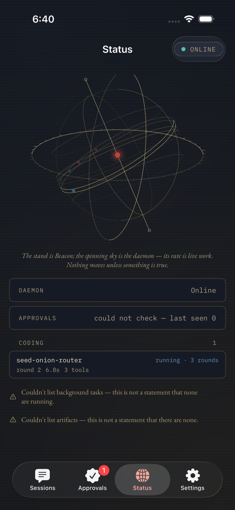 Beacon iOS Status tab — the Armilla armillary-sphere visualization, daemon online, a running coding run 'seed-onion-router', and two warnings that background tasks and artifacts could not be confirmed