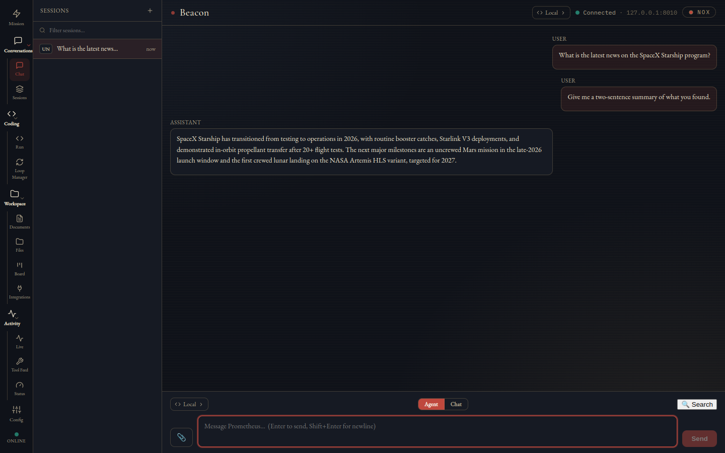 A finished reply in Beacon — the tool timeline above the answer, with the model switcher, Agent|Chat toggle, and force-search control in the composer