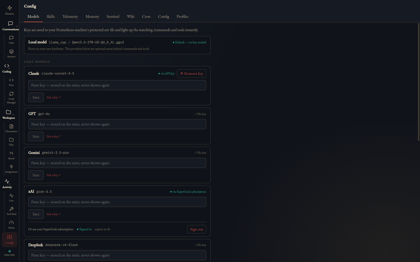 Beacon's Models tab — per-provider API keys, auth-mode badges, and SuperGrok subscription sign-in