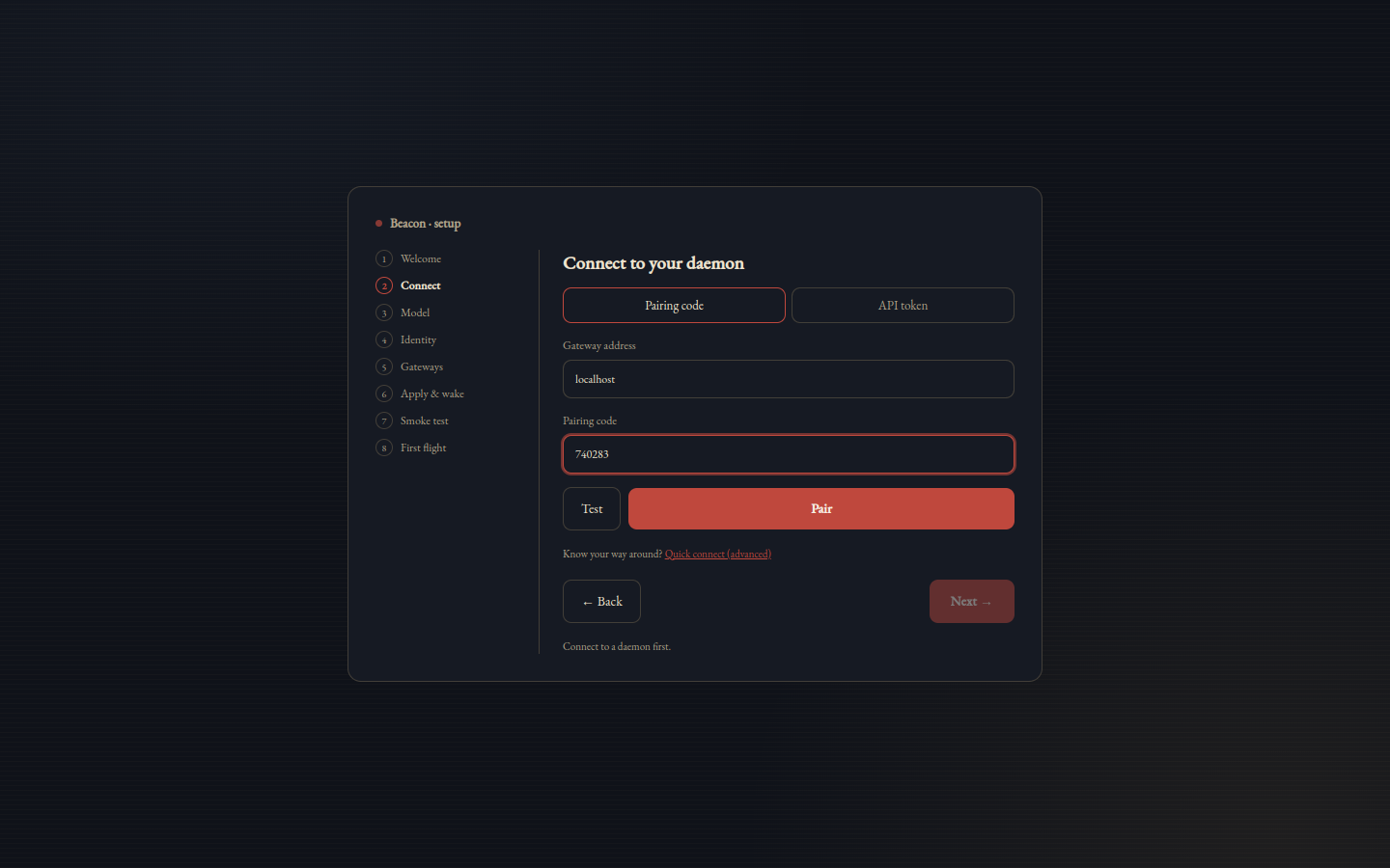 Beacon's setup wizard pairing with a daemon using a 6-digit code