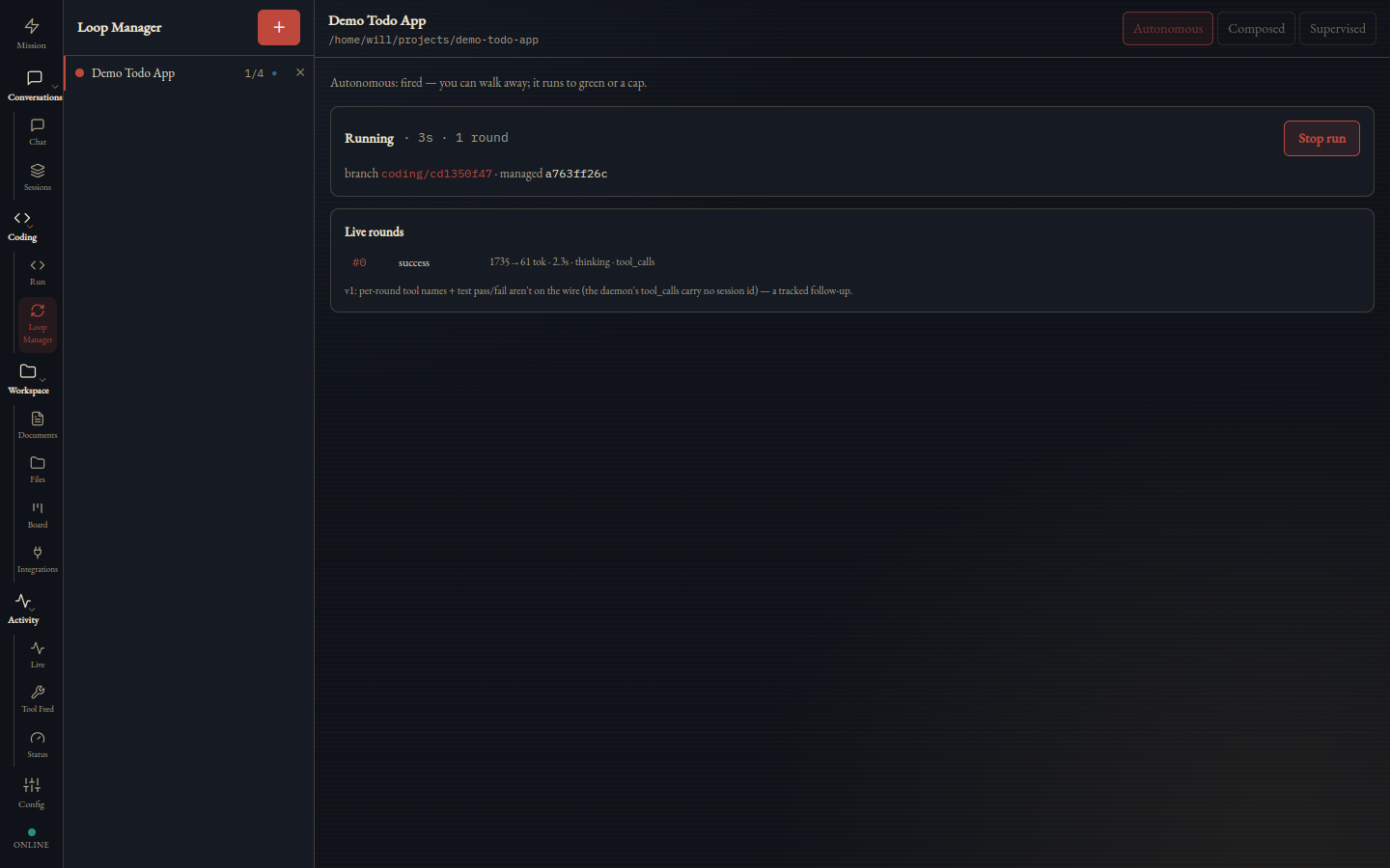 Live coding rounds streaming into Beacon — per-round outcome, tokens, and duration, with a Stop button