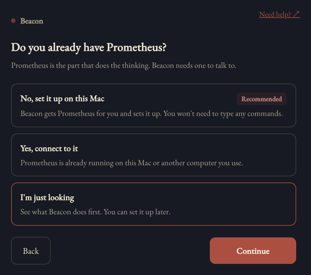 The question screen with I'm just looking selected.