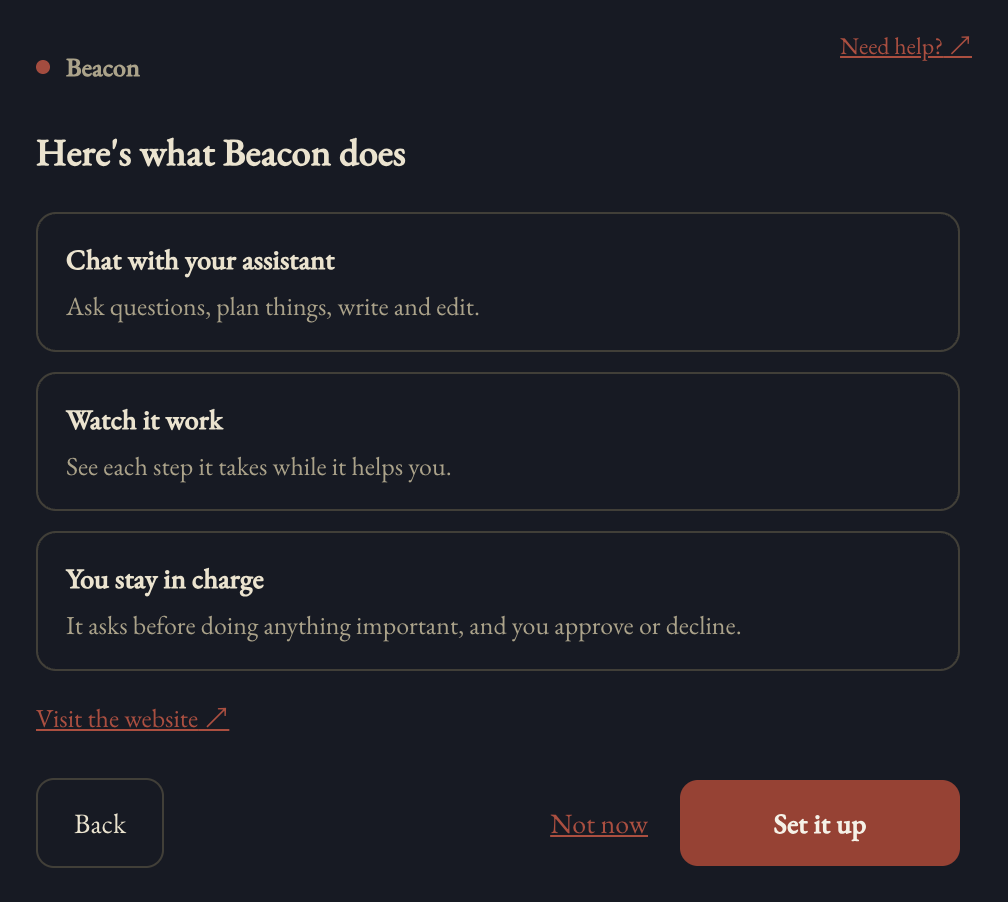 Here's what Beacon does: Chat with your assistant, Watch it work, You stay in charge, a Visit the website link, and Back, Not now and Set it up.