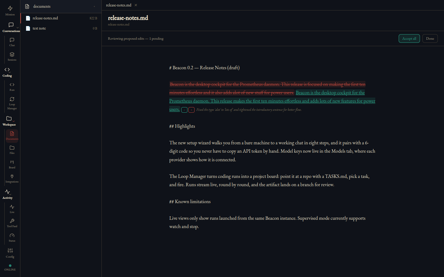 AI redlines pending in the Documents editor — each proposed edit shown inline with Accept and Reject controls