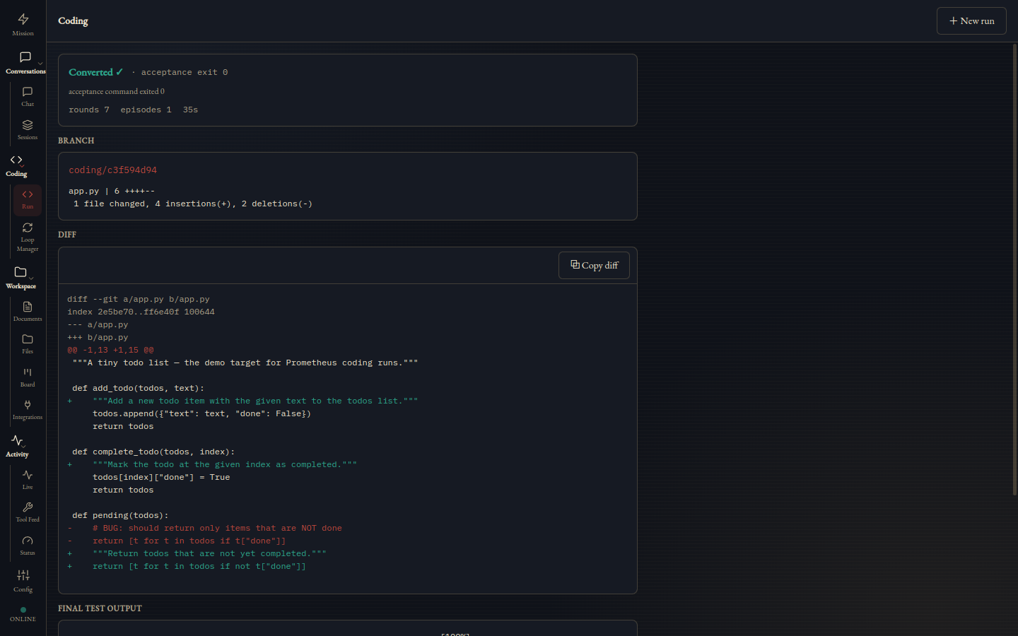A finished coding run in Beacon — acceptance command exit 0 and the reviewable diff