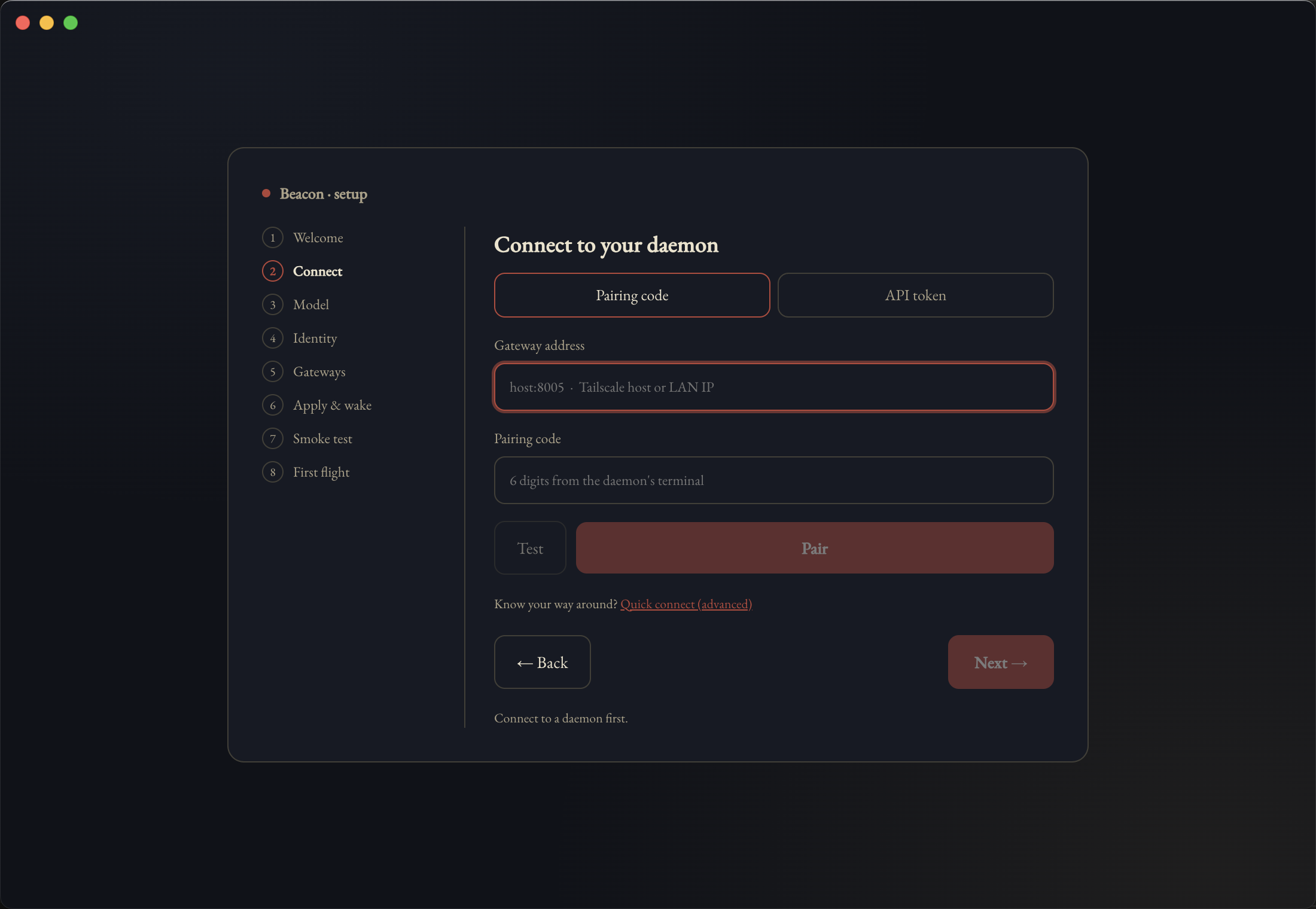 Step 2: Connect to your daemon, showing the pairing-code tab with gateway address and pairing code fields.
