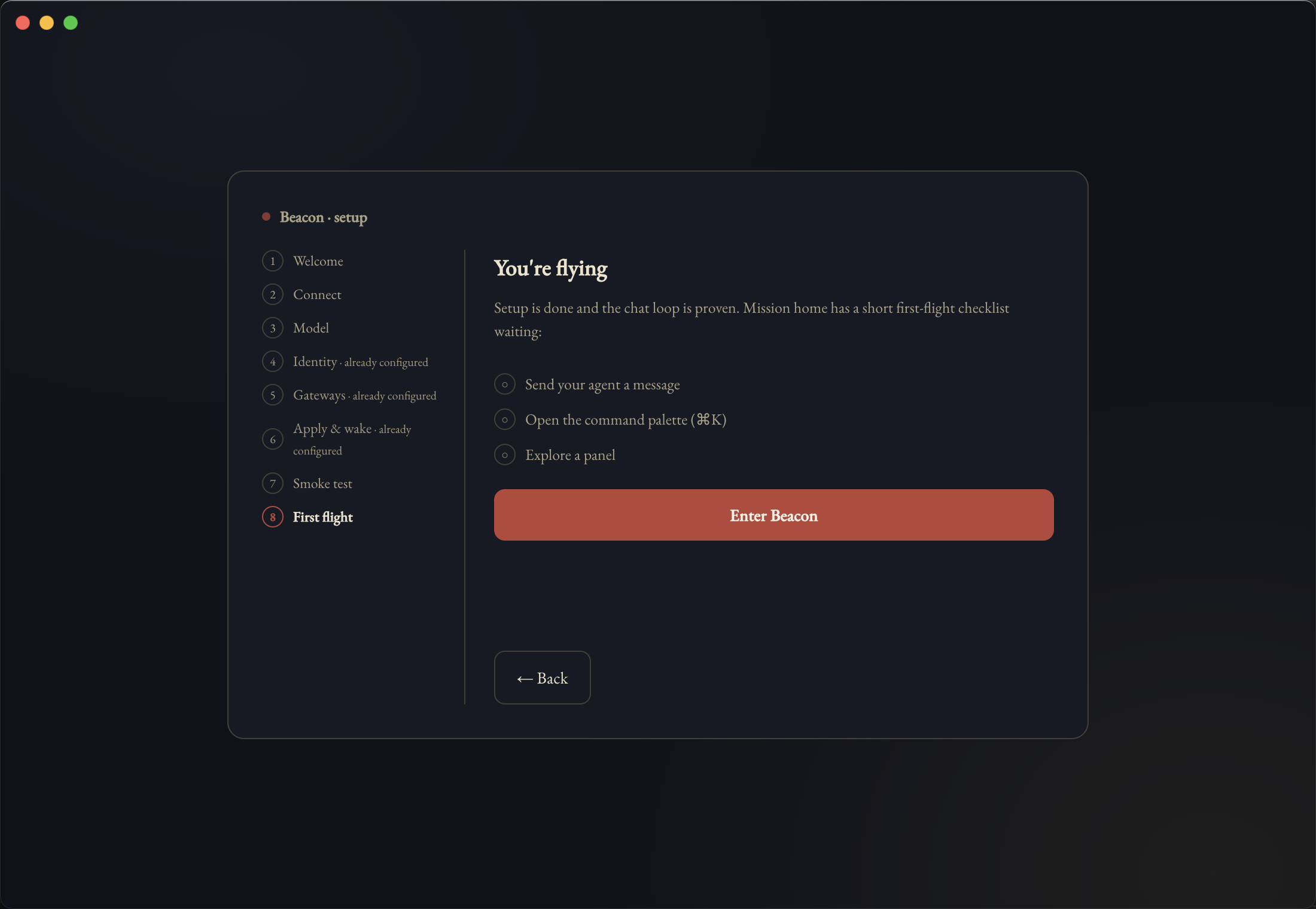 Step 8: You're flying, with a three-item first-flight checklist and an Enter Beacon button.